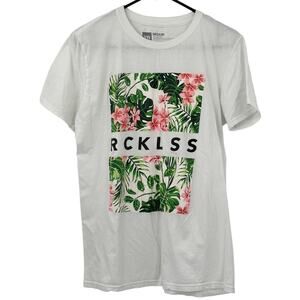 Young & Reckless Shirt Mens Medium White 100% Cotton Crew Graphic Floral Logo